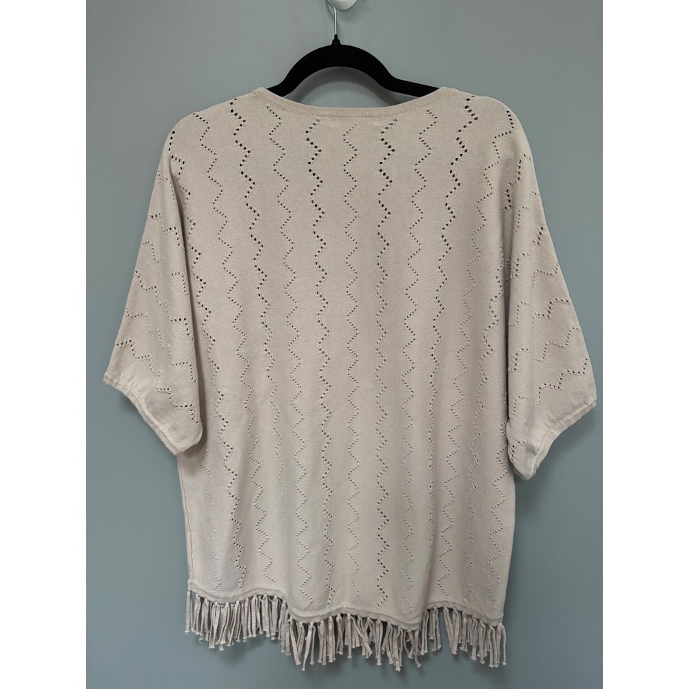 Hasting & Smith Beige Pointelle Knit Fringe Hem Top XL Cotton Boho Short Sleeve - Picture 6 of 7